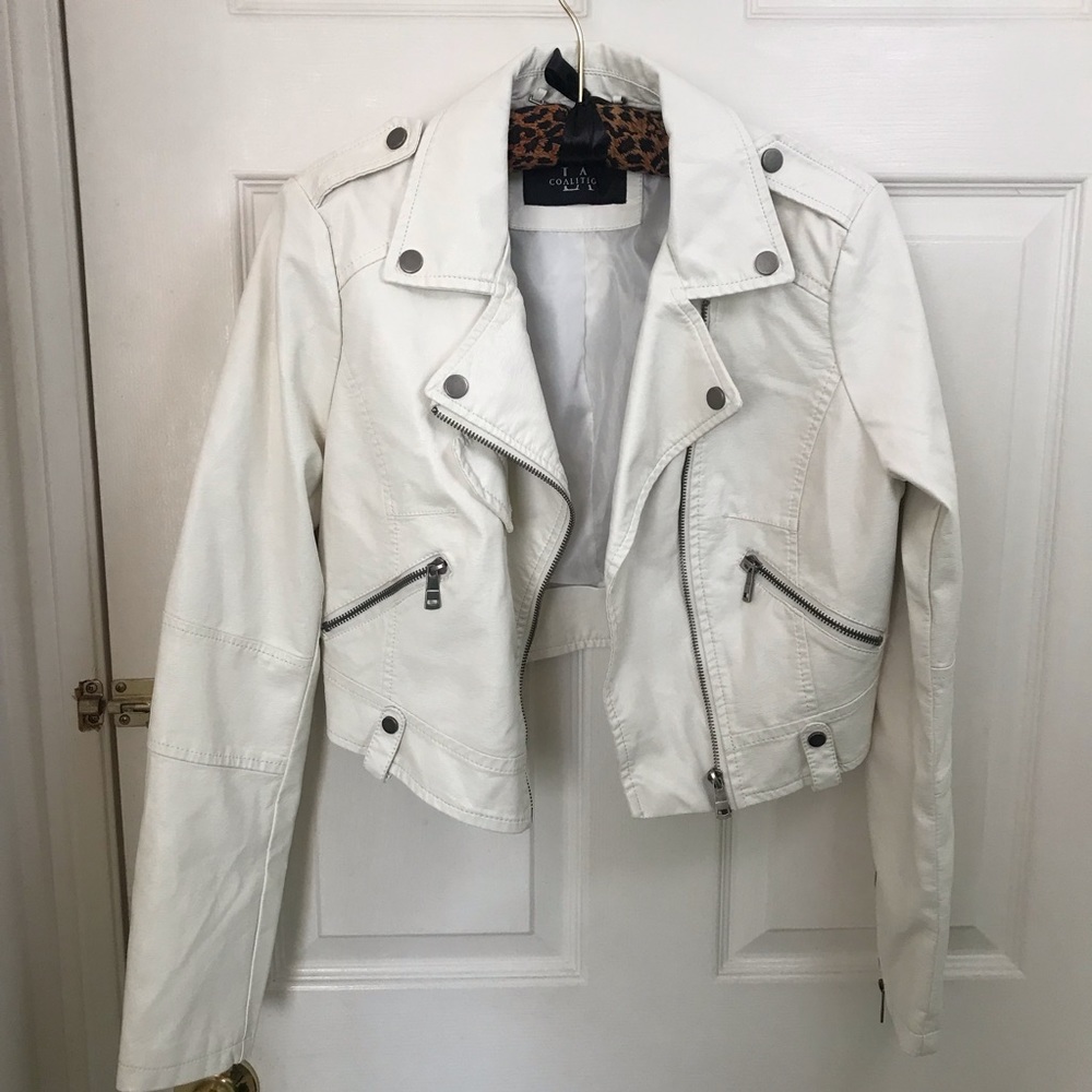 COALITION Cream Vegan Leather Cropped Jacket
